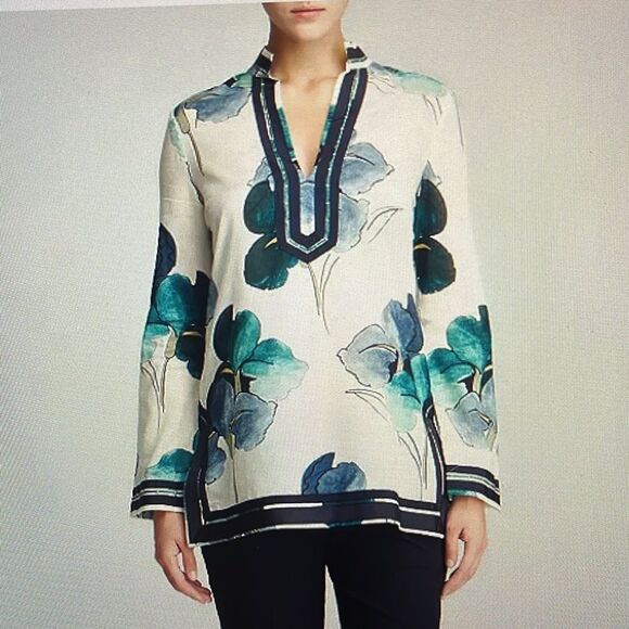 New! Tory Burch Iris Floral Prints Kaftan Tunic Top Size 8 100% Cotton NWT - Picture 1 of 16
